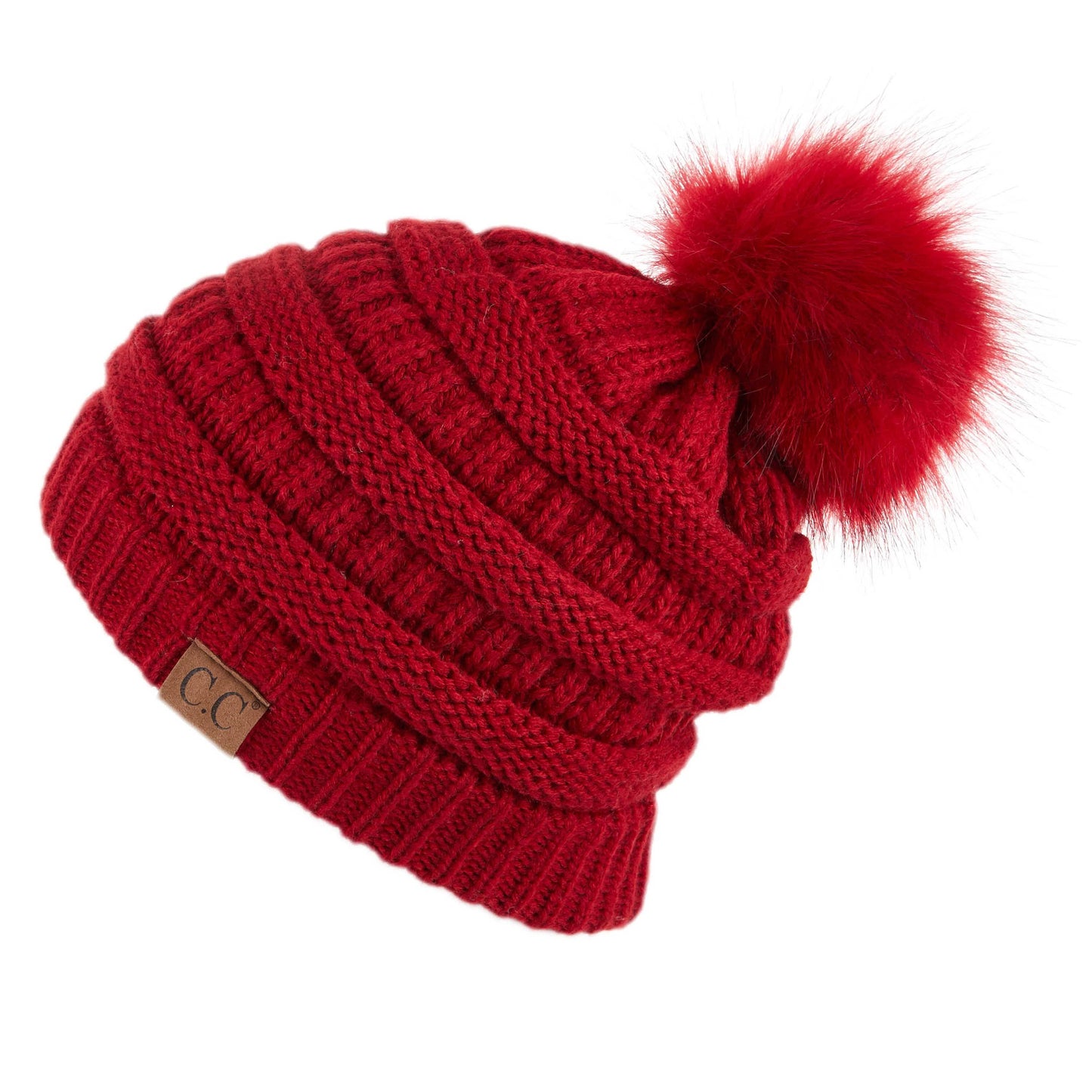 C.C Solid Ribbed Hat With Matching Faux Fur Pom