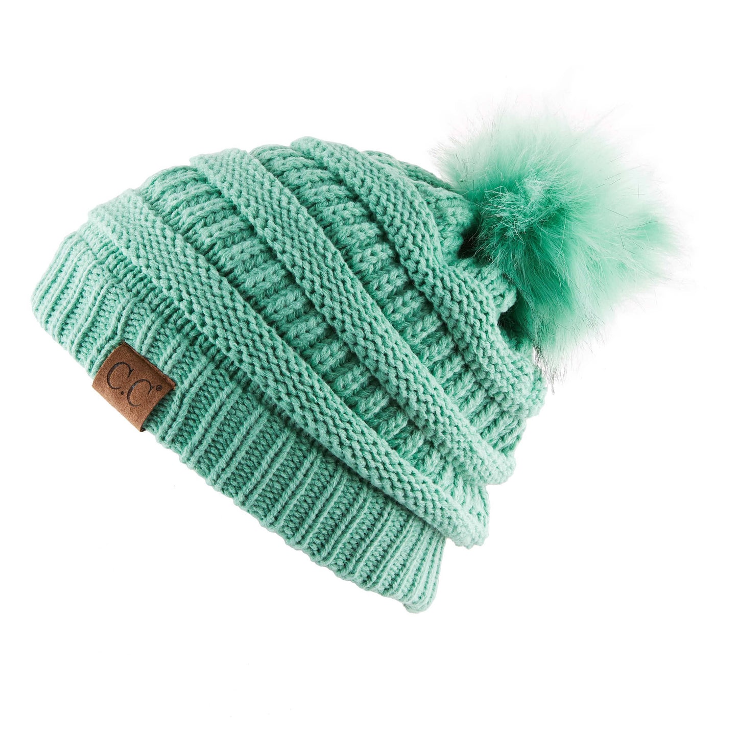 C.C Solid Ribbed Hat With Matching Faux Fur Pom