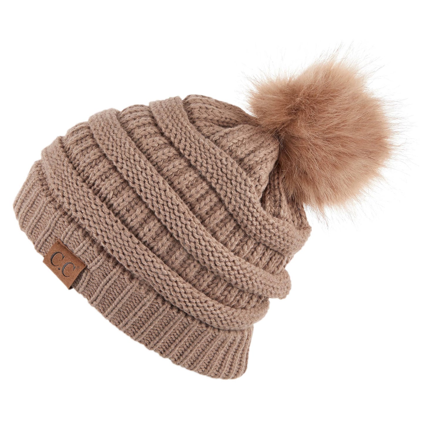 C.C Solid Ribbed Hat With Matching Faux Fur Pom