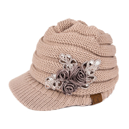 C.C Ribbed Knitted Brim Beanie Hat With Flower Embellishment