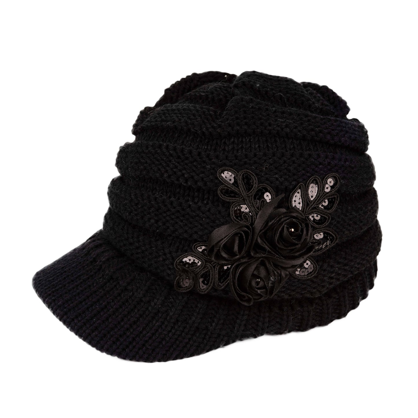 C.C Ribbed Knitted Brim Beanie Hat With Flower Embellishment