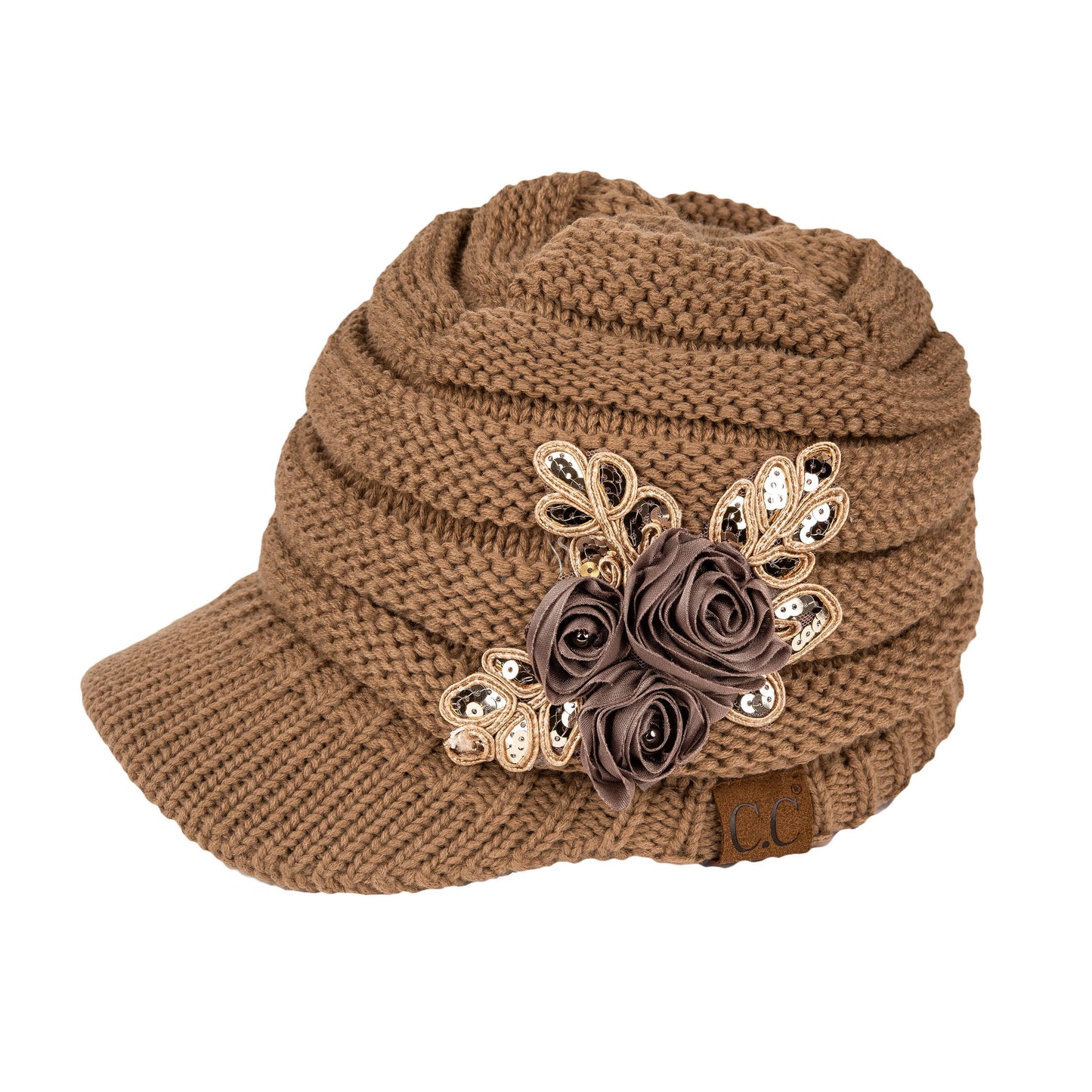 C.C Ribbed Knitted Brim Beanie Hat With Flower Embellishment