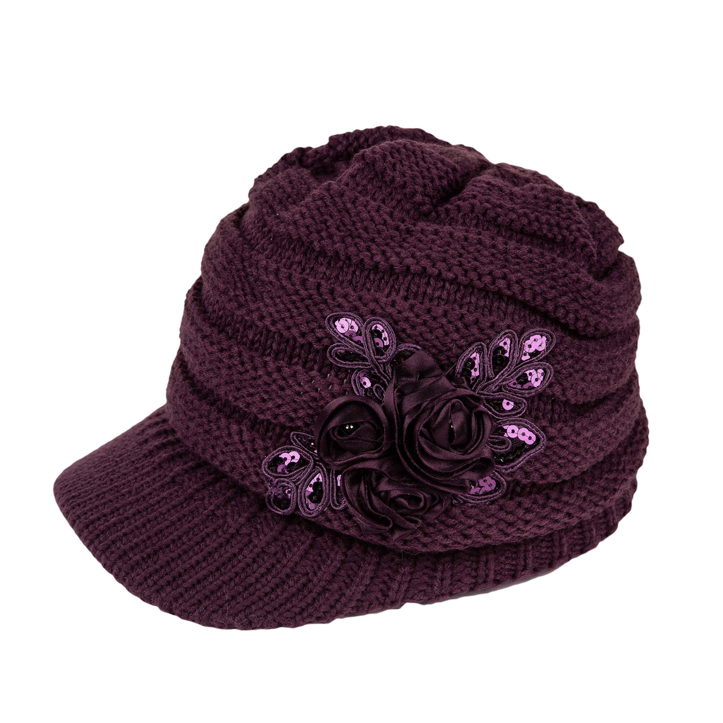 C.C Ribbed Knitted Brim Beanie Hat With Flower Embellishment