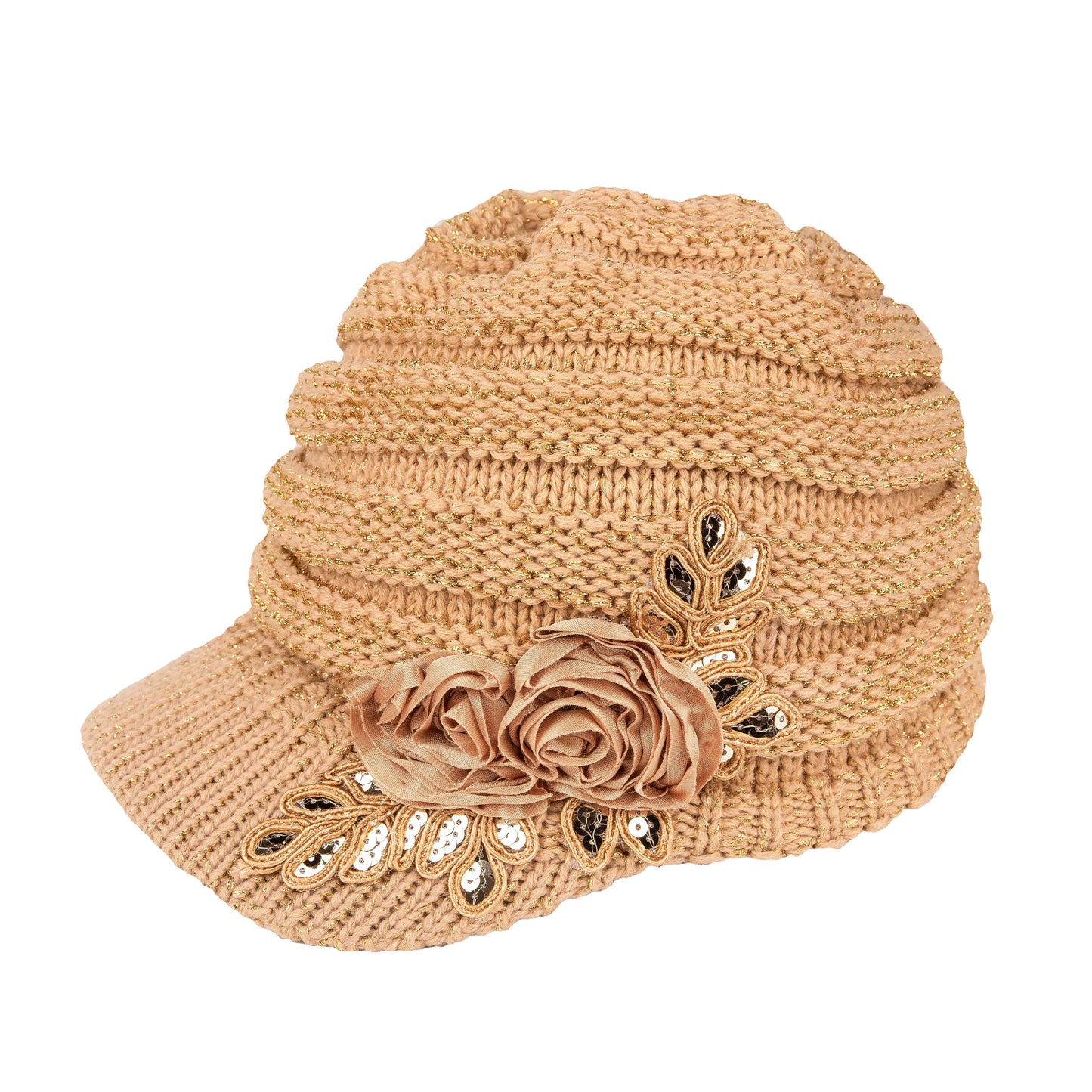C.C Ribbed Knitted Brim Beanie Hat With Flower Embellishment