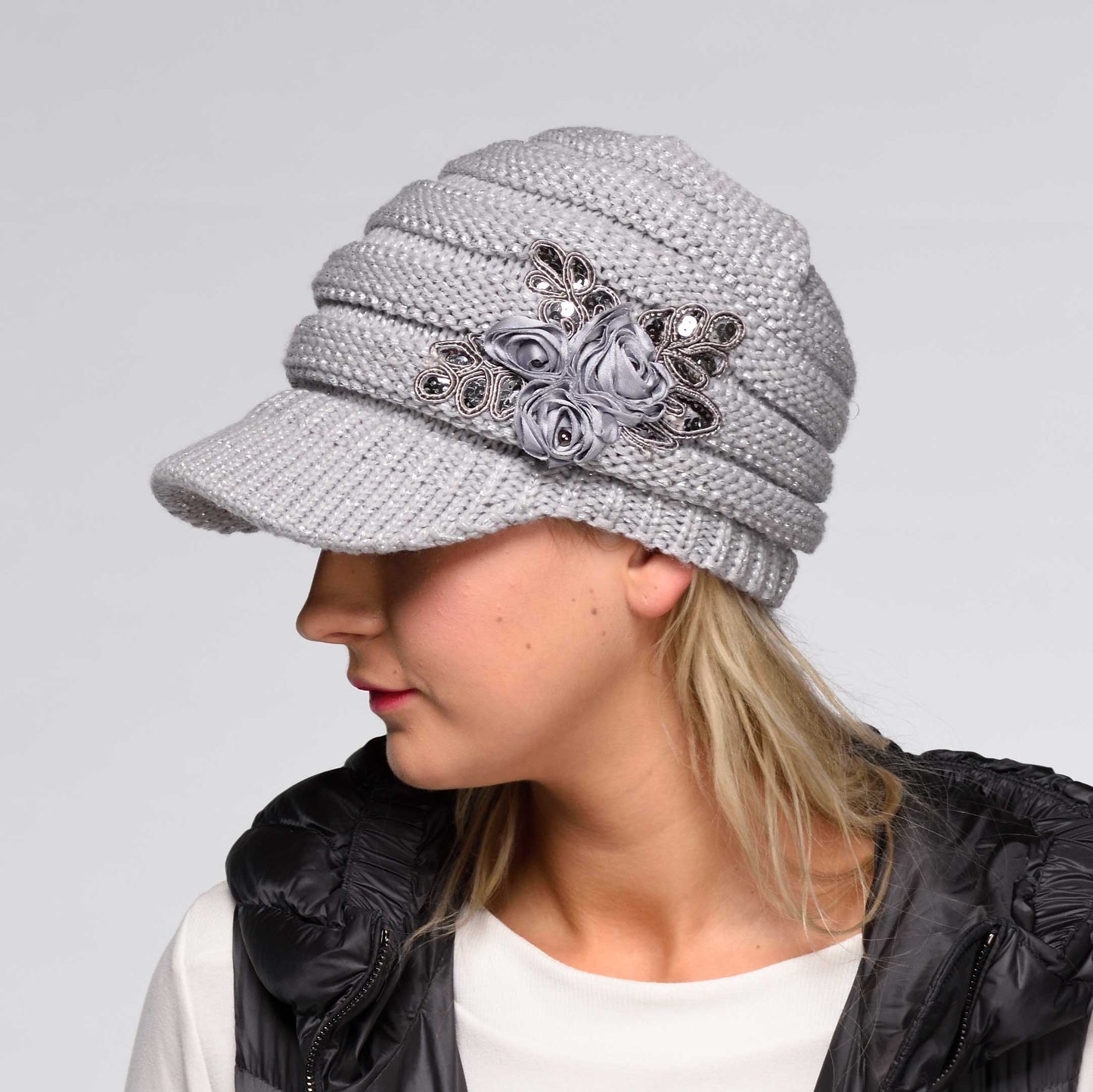 C.C Ribbed Knitted Brim Beanie Hat With Flower Embellishment