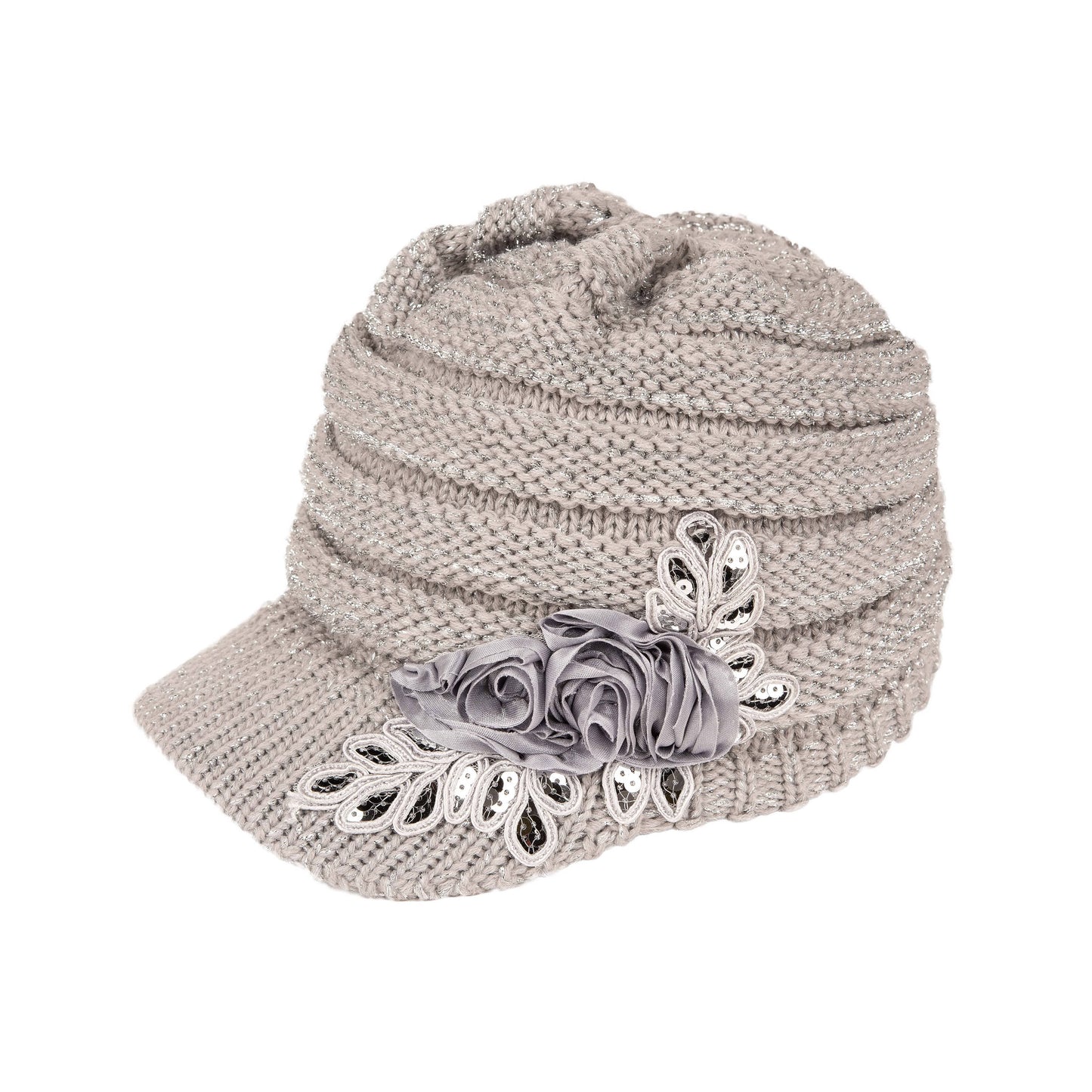 C.C Ribbed Knitted Brim Beanie Hat With Flower Embellishment