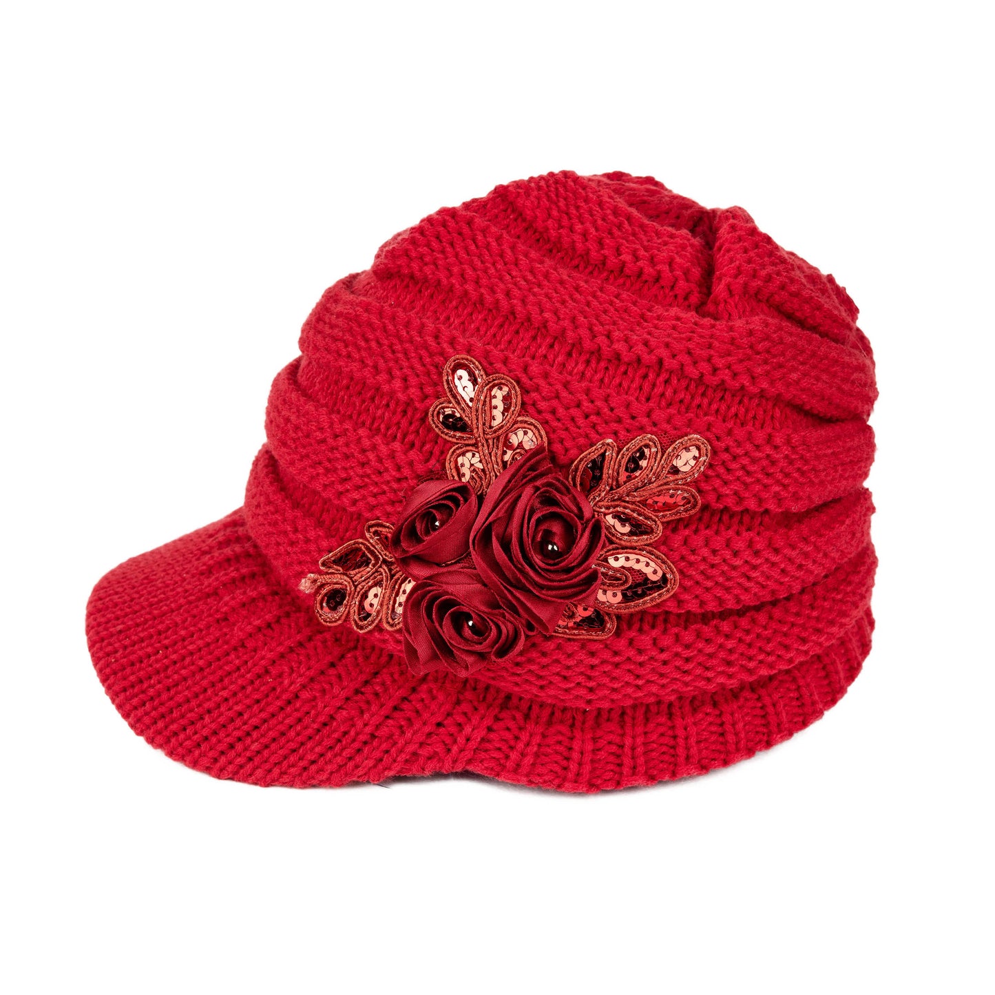 C.C Ribbed Knitted Brim Beanie Hat With Flower Embellishment