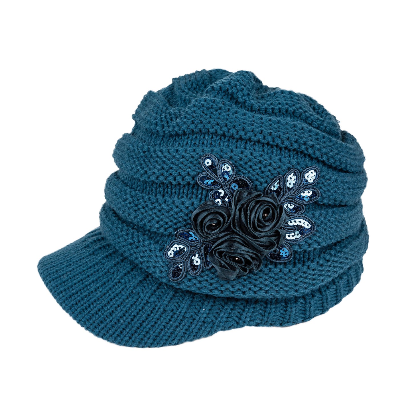 C.C Ribbed Knitted Brim Beanie Hat With Flower Embellishment