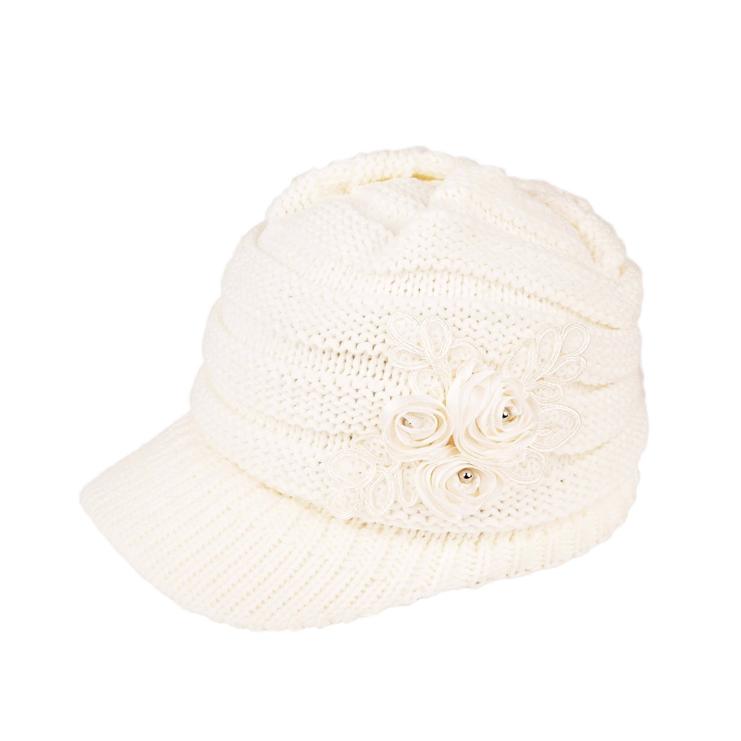C.C Ribbed Knitted Brim Beanie Hat With Flower Embellishment