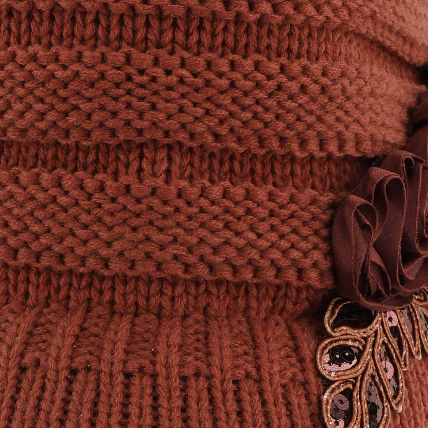 C.C Ribbed Knitted Brim Beanie Hat With Flower Embellishment