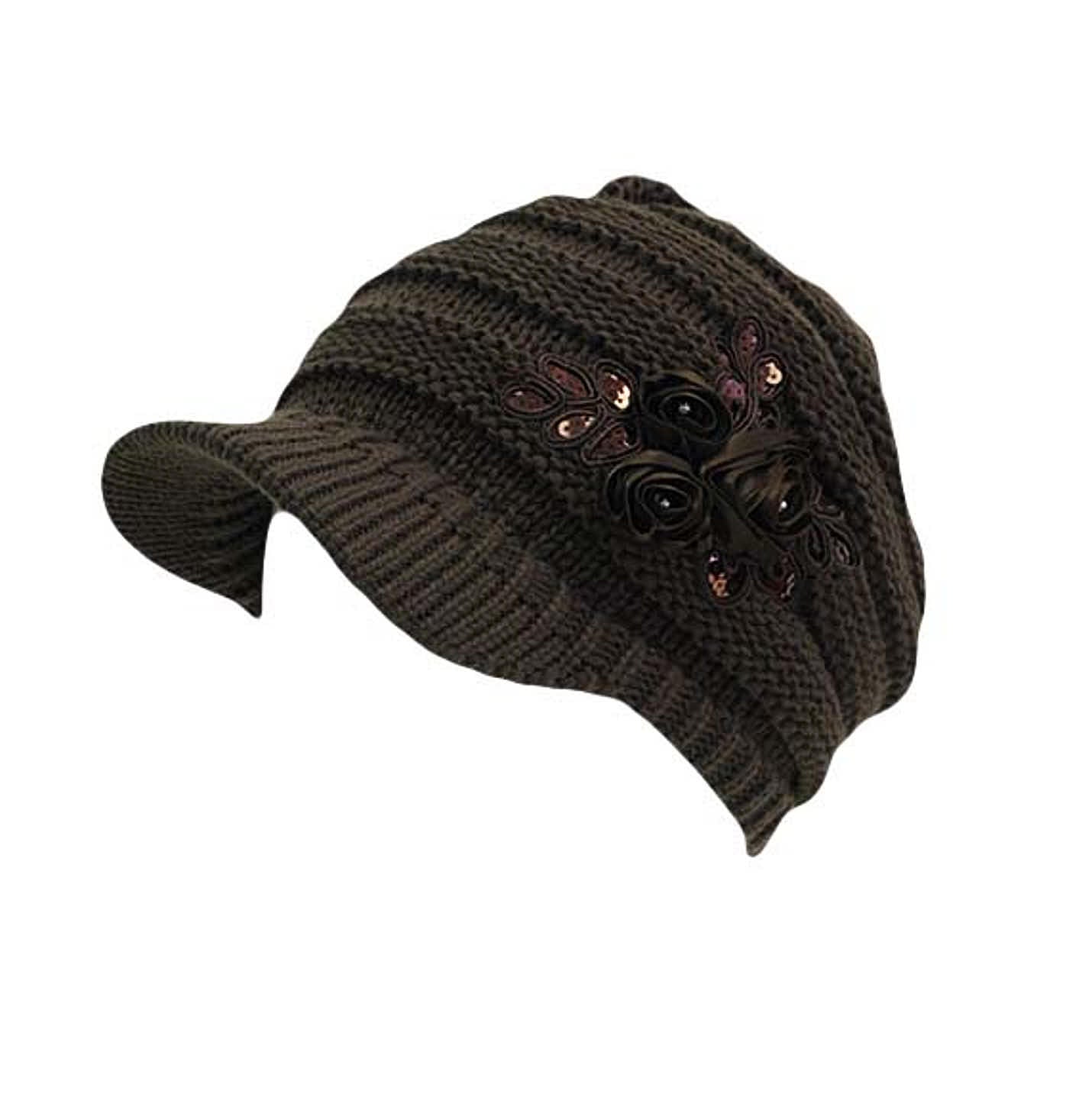 C.C Ribbed Knitted Brim Beanie Hat With Flower Embellishment
