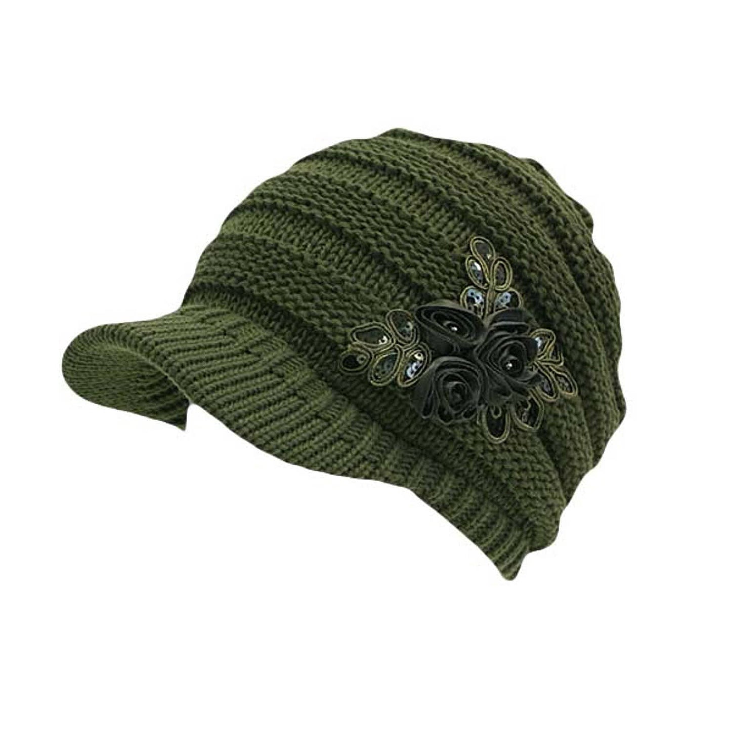 C.C Ribbed Knitted Brim Beanie Hat With Flower Embellishment