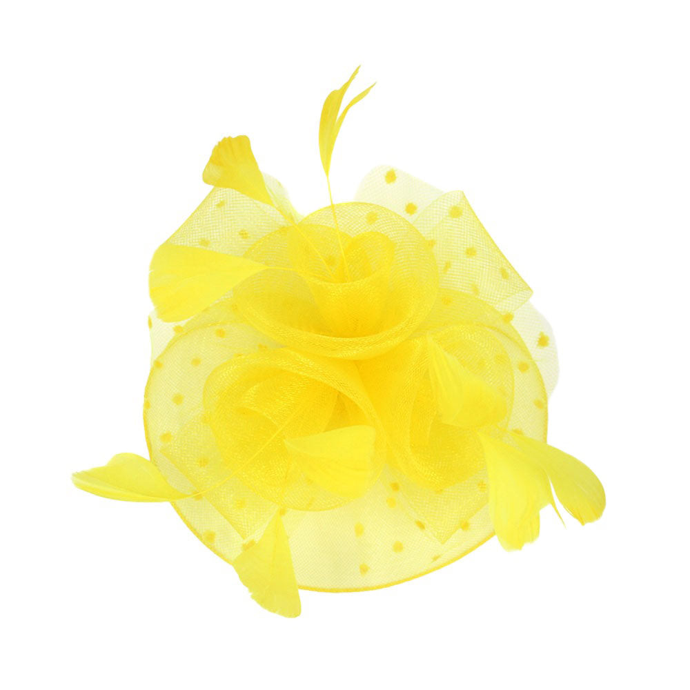 Yellow Feather Mesh Flower Fascinator Headband, Accentuate your look with this. Crafted with mesh and feathers, this headband brings an elegant touch to any outfit. The unique flower shape gives it a timeless and classic look. Perfect for gifting, any occasion, or everyday wear.