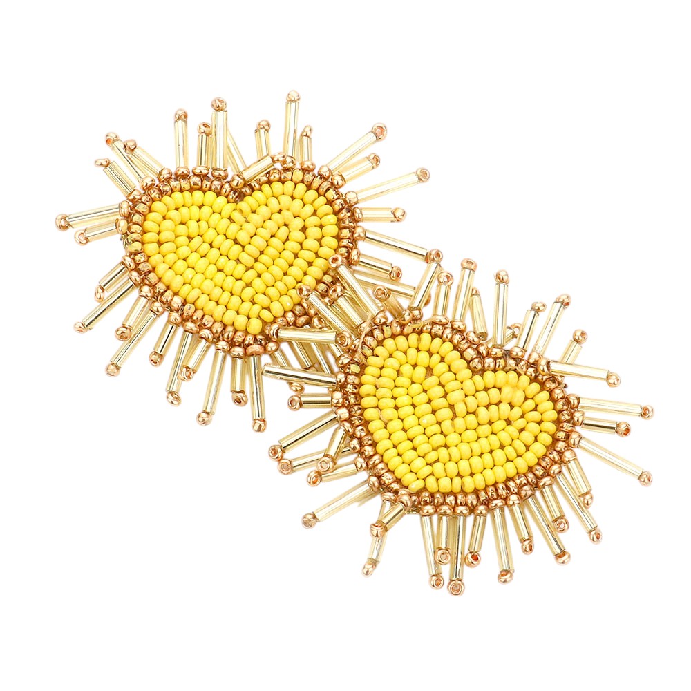 Yellow Felt Back Seed Beaded Heart Earrings feature a unique and stylish design that adds a touch of elegance to any outfit. The felt backing provides a comfortable fit and the intricate seed-beaded design adds a beautiful texture. Perfect for any occasion, these earrings are a must-have for any fashion enthusiast.