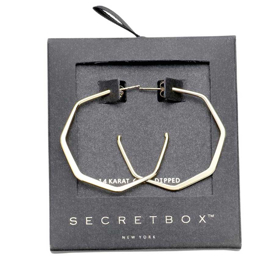 Yellow Gold Secret Box 14K Gold Dipped Metal Angled Hoop Earrings, are fun handcrafted jewelry that fits your lifestyle, adding a pop of pretty color. Enhance your attire with these vibrant artisanal earrings to show off your fun trendsetting style. Great gift idea for your Wife, Mom, your Loving one, or any family member.