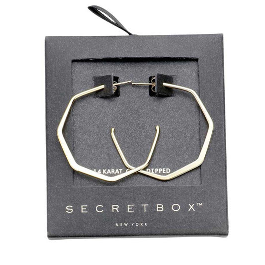 Yellow Gold Secret Box 14K Gold Dipped Metal Angled Hoop Earrings, are fun handcrafted jewelry that fits your lifestyle, adding a pop of pretty color. Enhance your attire with these vibrant artisanal earrings to show off your fun trendsetting style. Great gift idea for your Wife, Mom, your Loving one, or any family member.