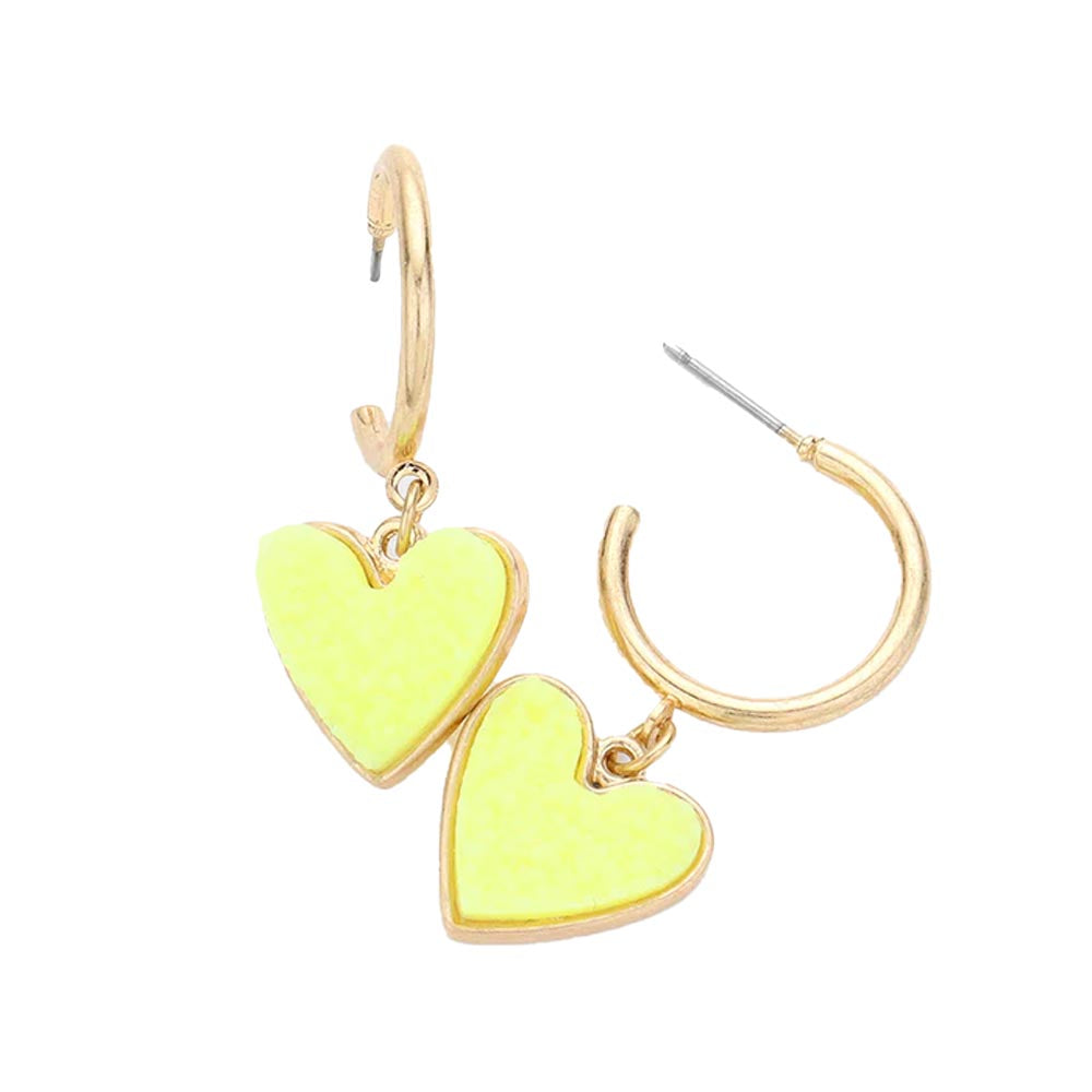 Yellow Metal Half Hoop Druzy Heart Dangle Earrings add a pop of color to complete your ensemble. Perfect Birthday Gift, Anniversary Gift, Valentines Day Gift, Mother's Day Gift, Regalo Cumpleanos, Regalo Dia de las Madres, Mom Gift, Thank you Gift, Regalo del Dia del Amor, Love you Gift, Prom Jewelry, Graduation Gift
