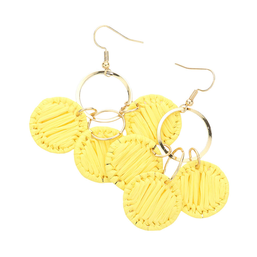 Yellow Open Circle Woven Raffia Link Dangle Earrings, turn your ears into a chic fashion statement with these woven raffia link dangle earrings! The beautifully crafted design adds a gorgeous glow to any outfit. Put on a pop of color to complete your ensemble in perfect style. Complete your look with these open-circle woven raffia earrings. 