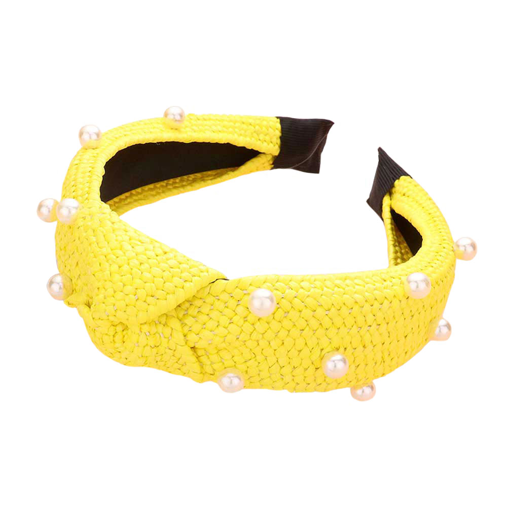 Yellow Pearl Embellished Straw Knot Burnout Headband, create a beautiful look while perfectly matching your color with the easy-to-use straw knot burnout headband. Push your hair back and spice up any plain outfit with this straw knot burnout headband!