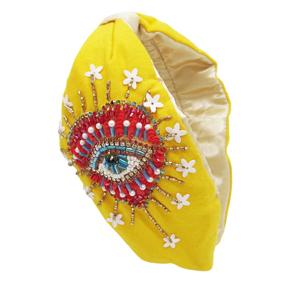 Pearl Sequin Bead Evil Eye Heart Knot Burnout Headband - Yellow - Headbands