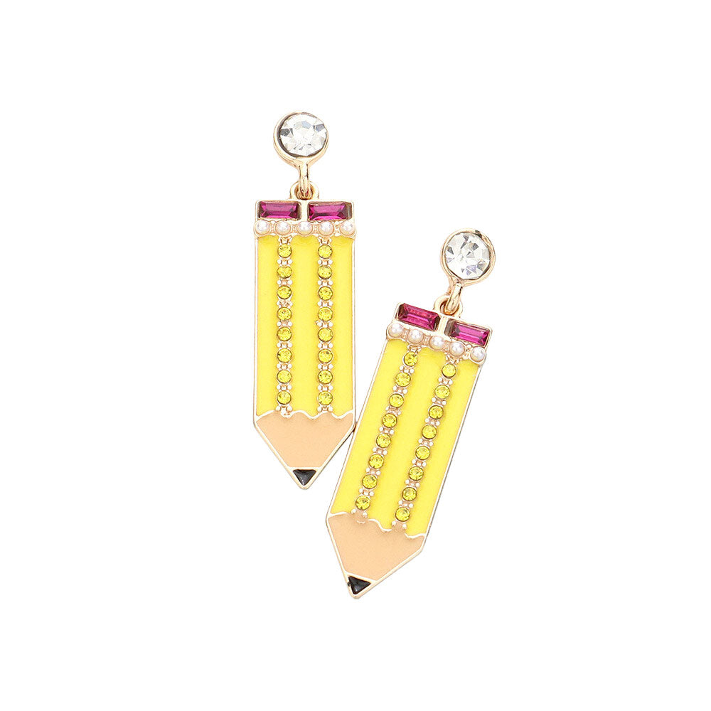 Yellow Rhinestone Embellished Enamel Pencil Dangle Earrings, turn your ears into a chic fashion statement with these Rhinestone Pencil earrings! These pencil dangle earrings are very lightweight and comfortable, you can wear these for a long time on special occasions. The beautifully crafted design adds a gorgeous glow to any outfit.