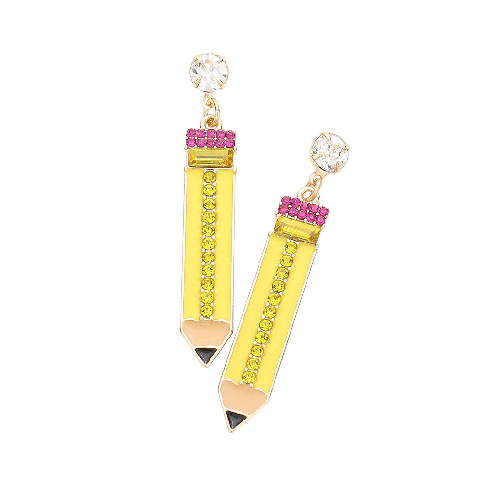 Yellow Rhinestone Embellished Enamel Pencil Earrings, turn your ears into a chic fashion statement with these Rhinestone Pencil earrings! These pencil dangle earrings are very lightweight and comfortable, you can wear these for a long time on special occasions. The beautifully crafted design adds a gorgeous glow to any outfit. 