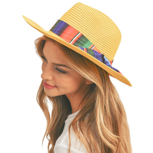 Yellow Serape Band Straw Panama Sun Hat, Keep your styles on even when you are relaxing at the pool or playing at the beach. This Panama hat style is incredibly versatile, high quality, &amp; functional. It holds the classic Panama Hat design with a scrape Band. It's lightweight and gives a classic look that is perfect for everyday wear. It saves you keeping you away from the sun with combining comfort and style.&nbsp; Large, comfortable, and perfect