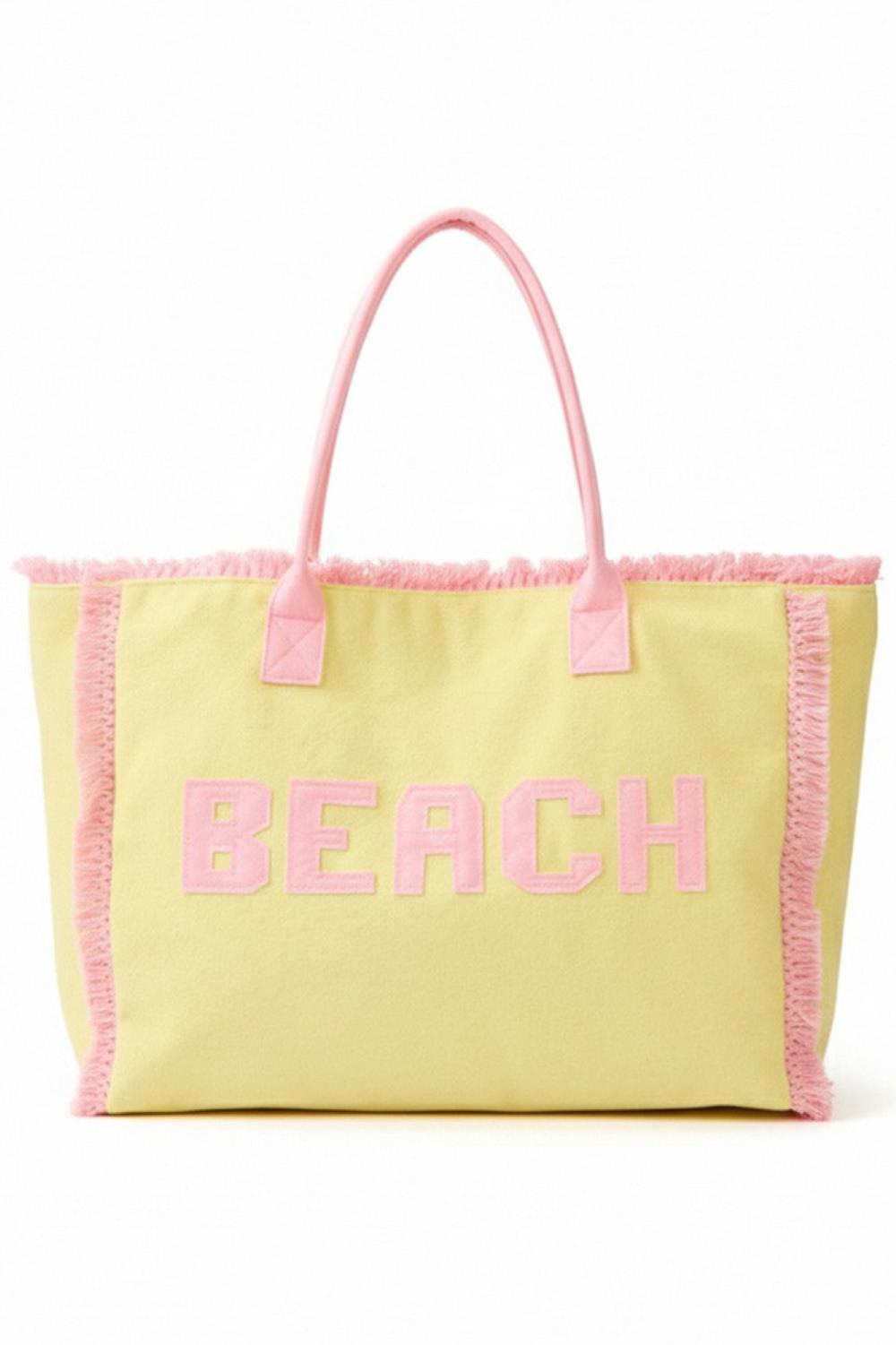 Yellow Carry your beach essentials in style with this spacious summer tote bag. Featuring a bold "BEACH" letter design with trendy frayed edge trim, it's the perfect companion for days by the water. Made from durable 100% polyester, this bag measures 17.5" x 13.5" x 5" and offers plenty of room for towels, sunscreen, and more. The secure zipper closure keeps your belongings safe, while the convenient inner pocket provides extra organization. Whether you're heading to the shore or running errands around town