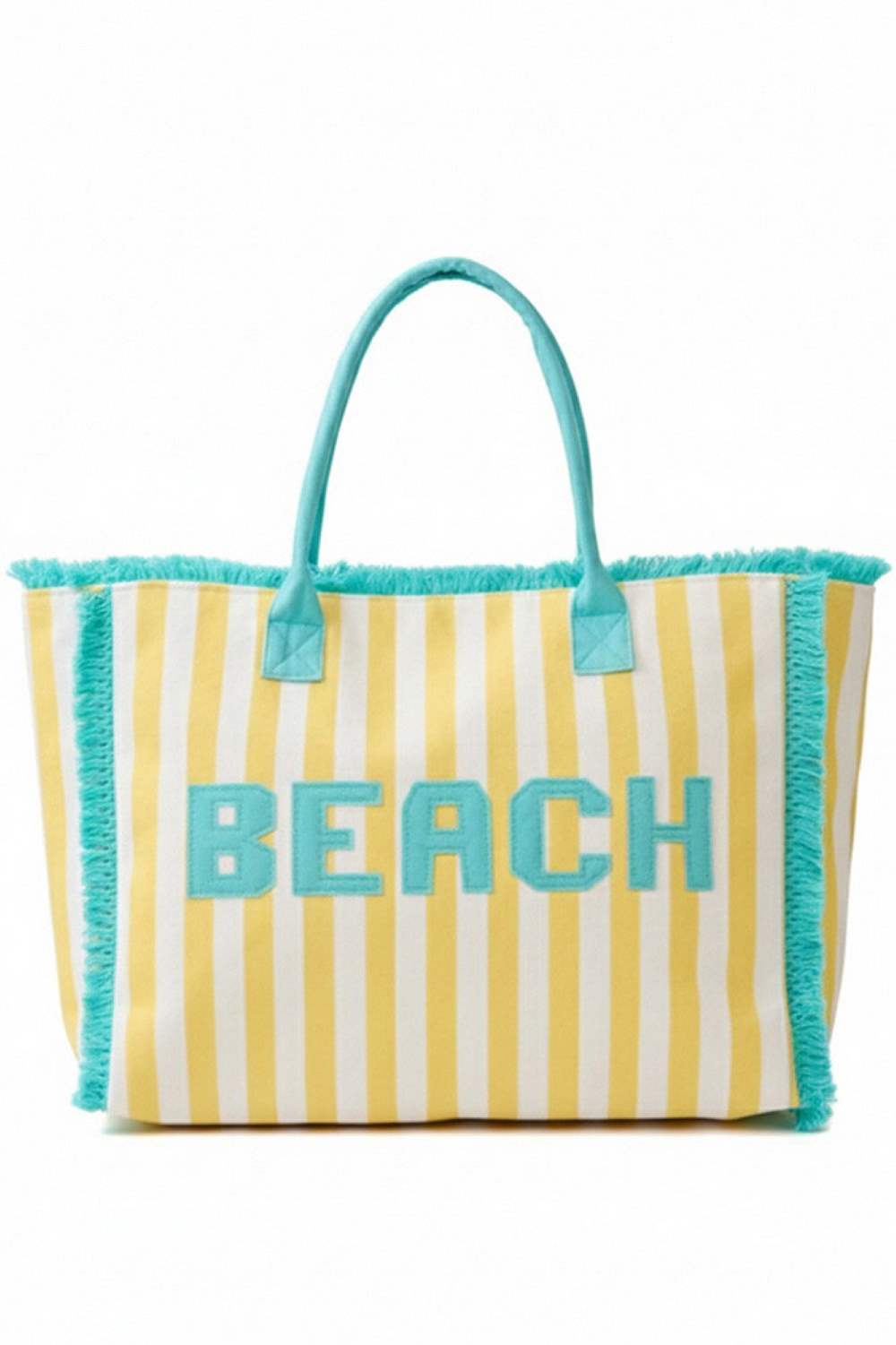 Yellow Carry your beach essentials in style with this vibrant summer tote bag. Featuring a bold "BEACH" letter design paired with classic striped patterns and a playful frayed edge trim, it's the perfect companion for days by the water. Crafted from durable 100% polyester, this spacious bag measures 17.5" x 15" x 5" and includes a secure zipper closure and convenient inner pocket for keeping valuables organized. Whether you're heading to the shore or running errands around town, this versatile tote combines