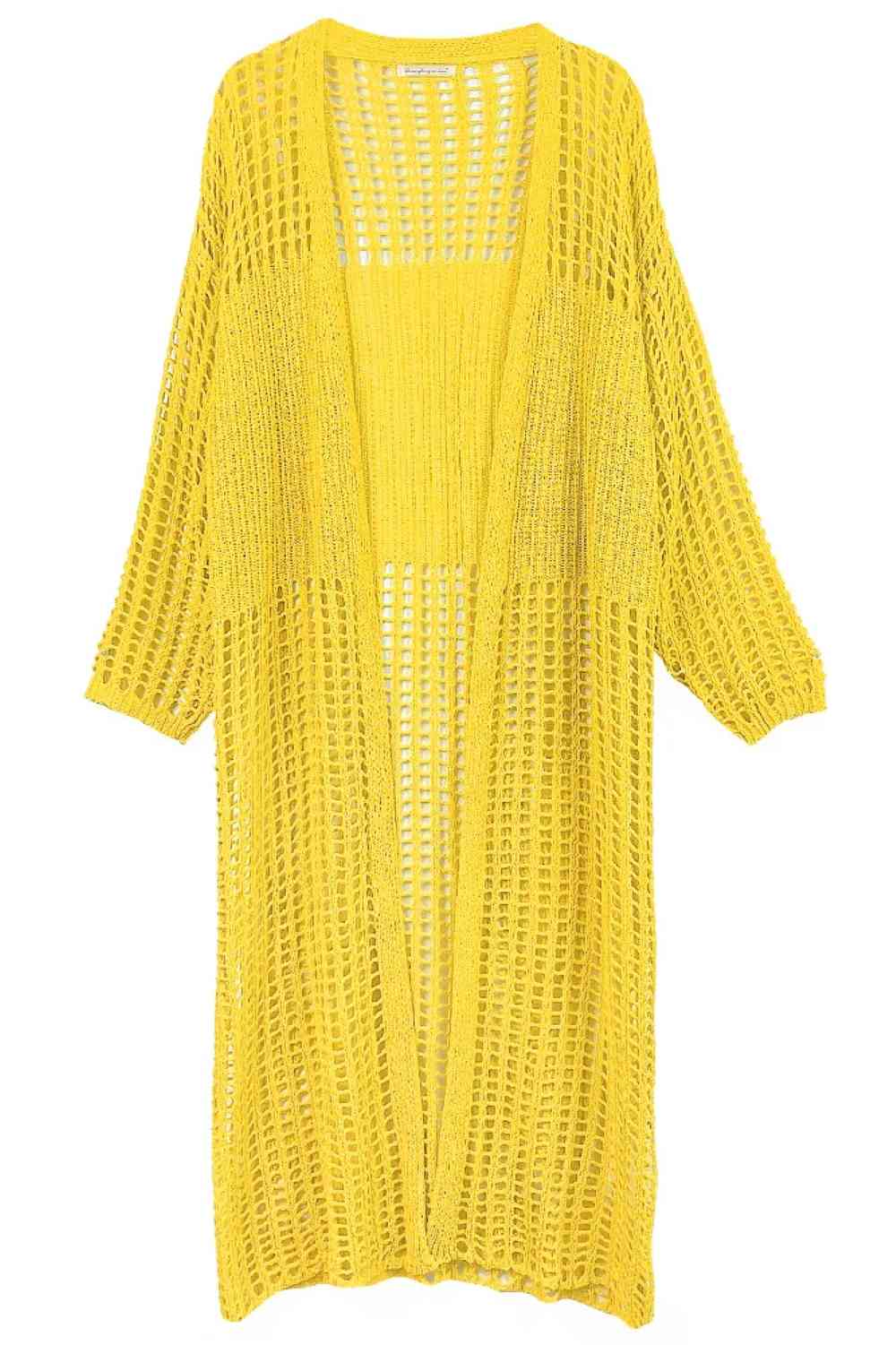 Yellow Effortless layering meets textured style with this chest-blocked crochet long cardigan. Crafted from soft, durable acrylic, it features an open front design perfect for pairing over your favorite pieces. The relaxed fit and intricate crochet detailing add visual interest to any outfit. Generously sized at 43.7" x 20.5", it drapes beautifully for a comfortable, flattering silhouette. An easy-care essential that transitions seamlessly from season to season.