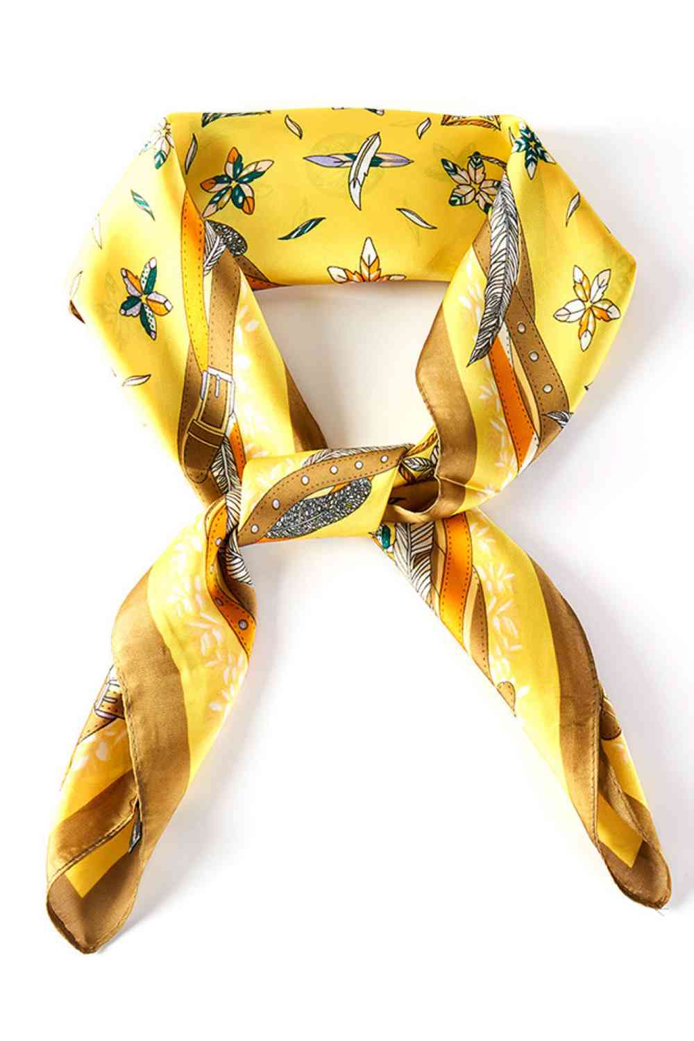 Yellow Elevate your summer style with this versatile bandana square scarf, featuring a striking feather and belt print design. Crafted from lightweight 100% polyester, it's perfect for tying around your neck, wearing as a headwrap, or accessorizing your hair. The generous 27.5" x 27.5" size offers endless styling possibilities. Whether you're heading to the beach, a festival, or simply want to add a pop of pattern to your everyday look, this scarf delivers effortless sophistication and comfort all season lo