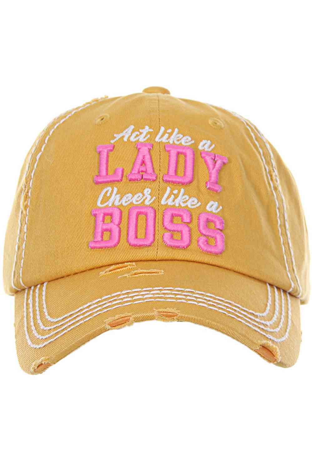 Yellow Make a confident style statement with the Lady Boss washed vintage baseball cap, featuring a classic distressed finish and bold embroidered design. Comfortable and adjustable for everyday wear, this casual cap is perfect for errands, outings, or empowered weekend looks.