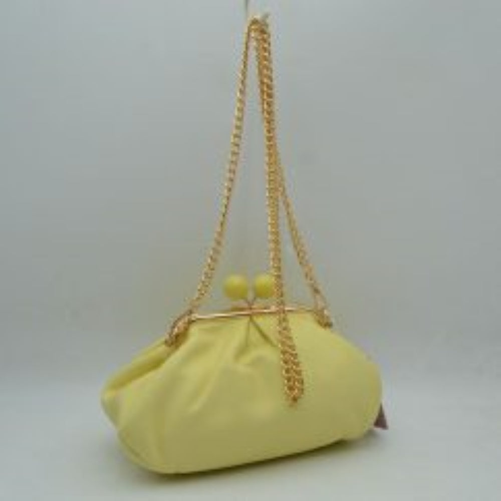 Yellow Make a vintage-inspired statement at your next evening event or special occasion with this elegantly slouched clutch bag. Combining classic charm with a modern edge, this accessory features a soft, ruched silhouette gathered beautifully along a polished metallic frame. The bag is crowned with a striking oversized double bead kiss-lock closure that adds both a secure seal and a dramatic, sophisticated focal point. Designed for versatile styling