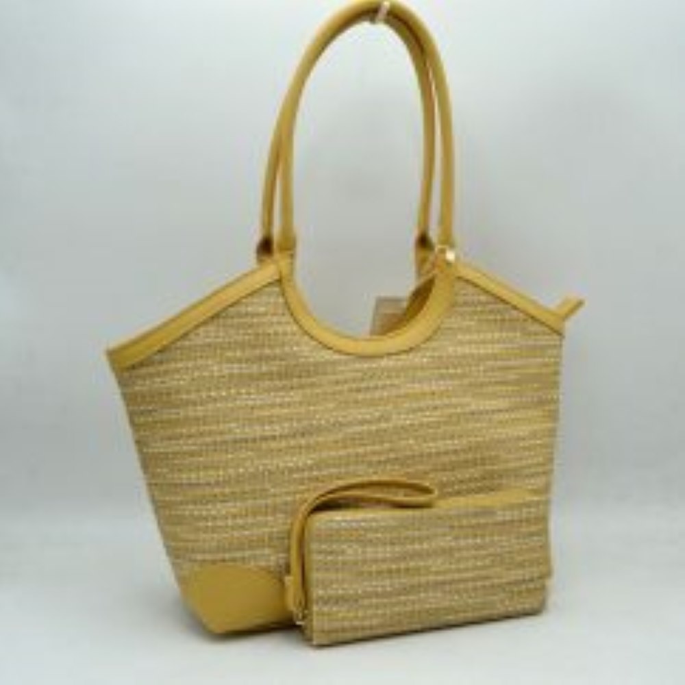 Yellow Infuse your daily routine with classic sophistication with this elegant two-piece handbag set, featuring a spacious shoulder tote and a matching zip-around wristlet wallet. The tote showcases a beautiful multi-tonal woven tweed pattern, sharply contrasted by clean, structured top borders and reinforced base corners that preserve its graceful shape. Designed with extra-long, arched shoulder straps that slip comfortably over your arm