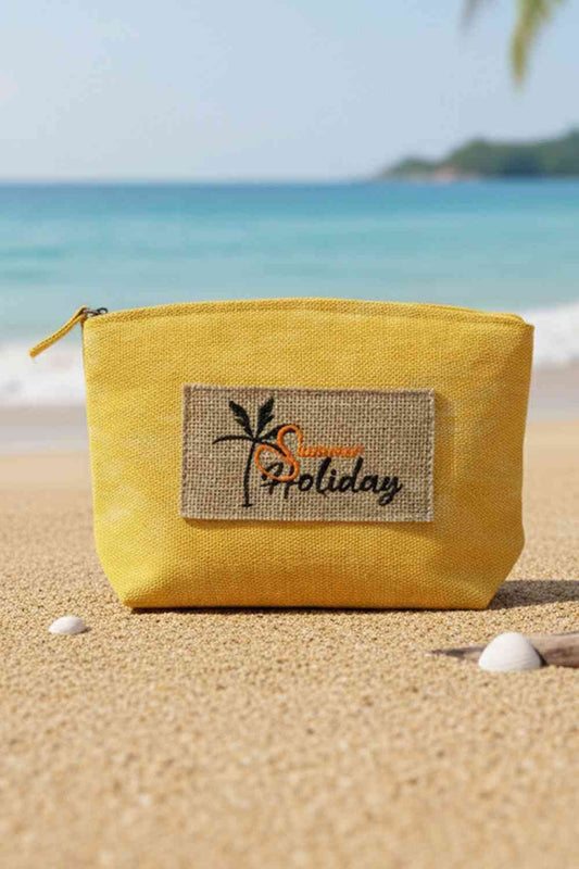 Yellow Capture the essence of summer with this charming vintage cosmetic pouch. Featuring a playful "SUMMER HOLIDAY" letter design paired with a palm tree patch, it brings tropical vibes to your daily routine. Crafted from a durable blend of 80% polyester and 20% burlap, this pouch offers both style and substance. The spacious 9.5" x 6" x 2.5" dimensions provide ample room for makeup, toiletries, or travel essentials. A reliable zipper closure keeps your items secure. Perfect for beach trips, vacations, or 