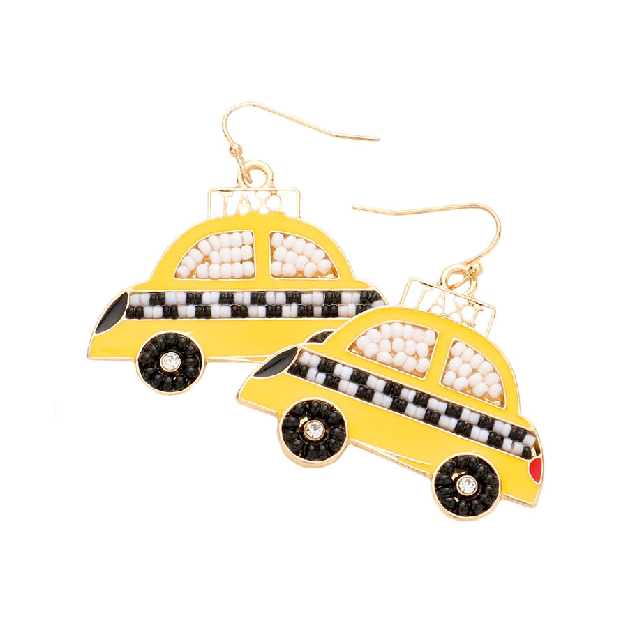 Yellow Seed Bead Embellished Enamel Taxi Dangle Earrings, a beautifully crafted design add a glow to any outfit. which easily makes your events more enjoyable. These dangle earrings make you extra special on occasion. These seed bead embellished dangle earrings enhance your beauty and make you more attractive.