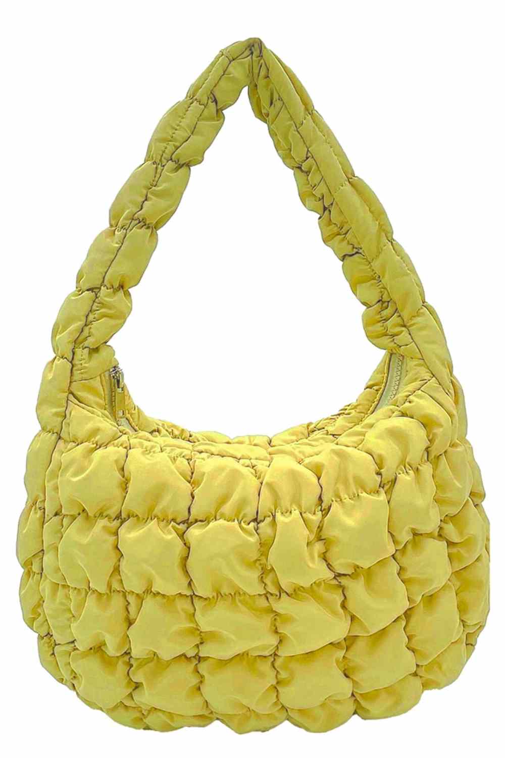 Yellow Compact quilted bag crafted from durable 100% polyester with a timeless solid design. Measuring 8.7" x 11.8" x 3.15", it's the perfect size for everyday essentials, travel accessories, or as a versatile organizer. The quilted texture adds visual interest and subtle structure. Ideal for on-the-go convenience with a sleek, minimalist aesthetic that pairs effortlessly with any outfit.
