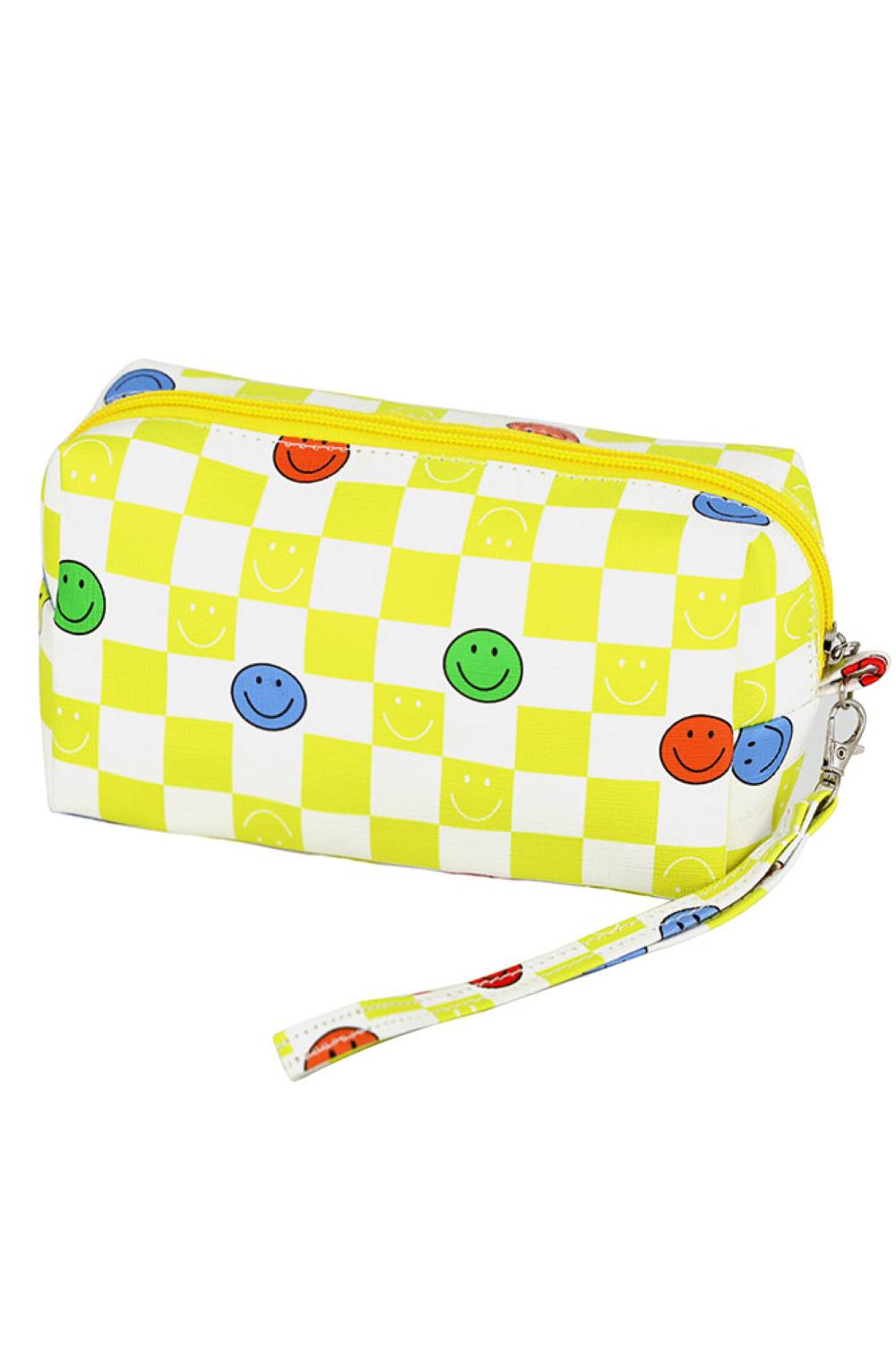 Carry your essentials with a cheerful touch. This wristlet pouch features a playful smile face pattern that brightens any day. Perfect for holding keys, cards, coins, and small items, it combines functionality with fun style. The secure wrist strap keeps your hands free while shopping, traveling, or on the go. A compact companion that adds personality to your everyday carry.