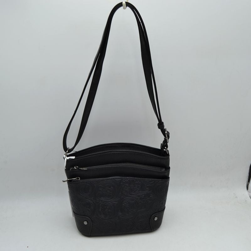 Embossed Floral Multi-Zipper Crossbody Bag with Adjustable Strap - Black - Cross Body Bag