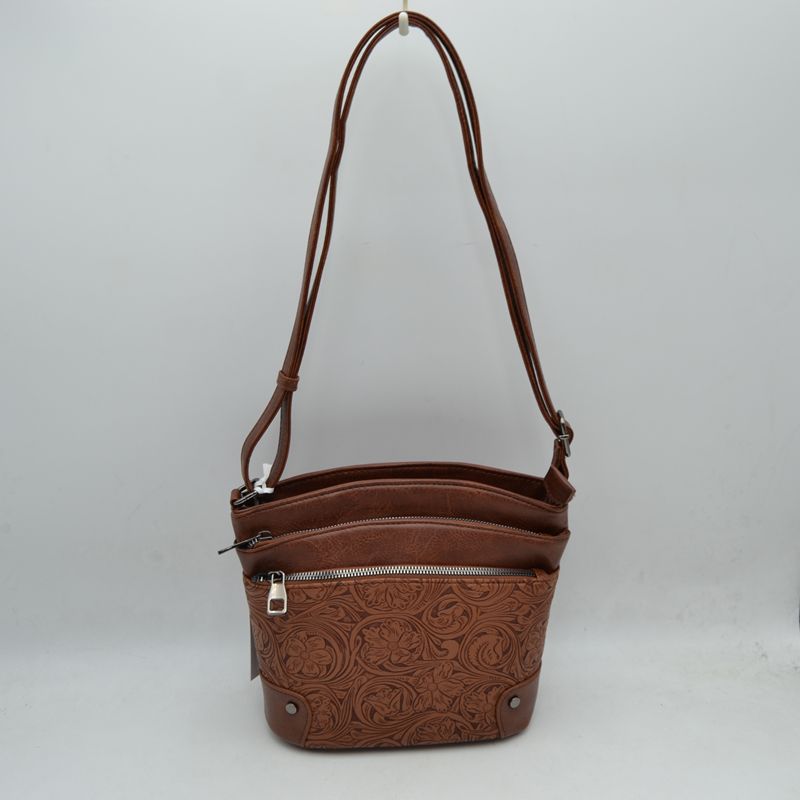 Embossed Floral Multi-Zipper Crossbody Bag with Adjustable Strap - Brown - Cross Body Bag