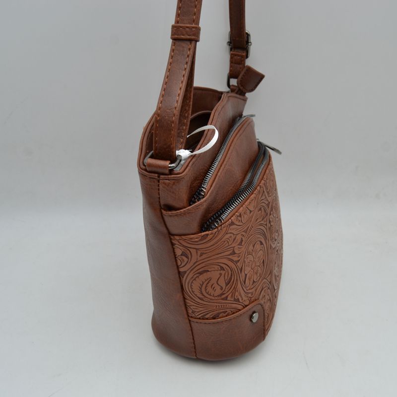 Embossed Floral Multi-Zipper Crossbody Bag with Adjustable Strap - Cross Body Bag