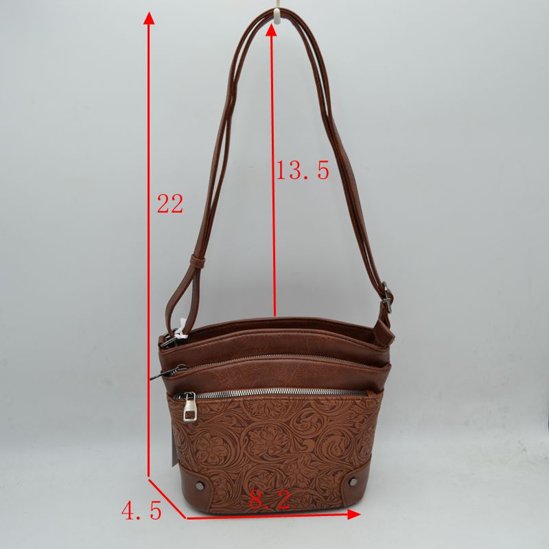 Embossed Floral Multi-Zipper Crossbody Bag with Adjustable Strap - Cross Body Bag