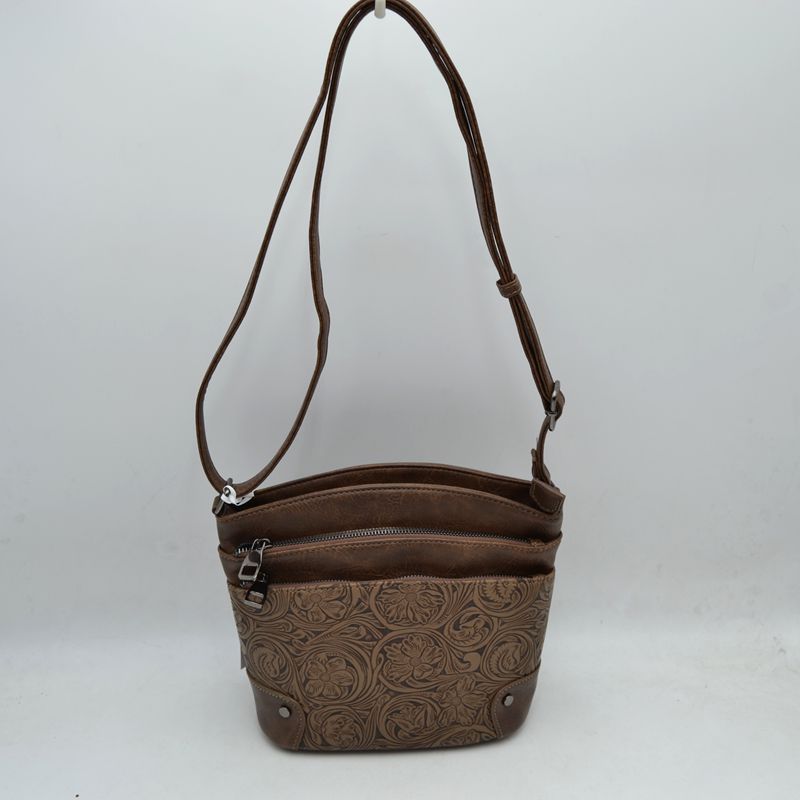 Embossed Floral Multi-Zipper Crossbody Bag with Adjustable Strap - Coffee - Cross Body Bag