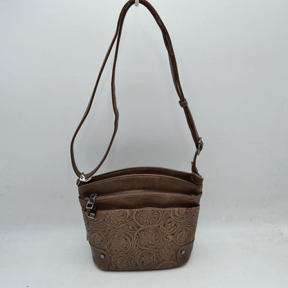 Embossed Floral Multi-Zipper Crossbody Bag with Adjustable Strap - Coffee - Cross Body Bag