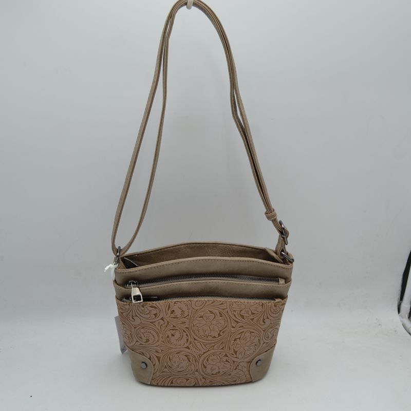 Embossed Floral Multi-Zipper Crossbody Bag with Adjustable Strap - Stone - Cross Body Bag