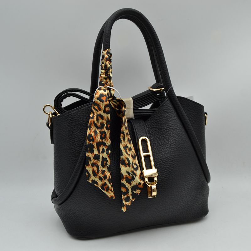 Pebbled Handbag with Scarfed Top Handles and Crossbody Strap - Black - Hand Bag