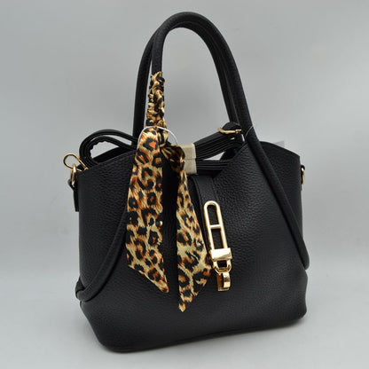 Pebbled Handbag with Scarfed Top Handles and Crossbody Strap - Black - Hand Bag