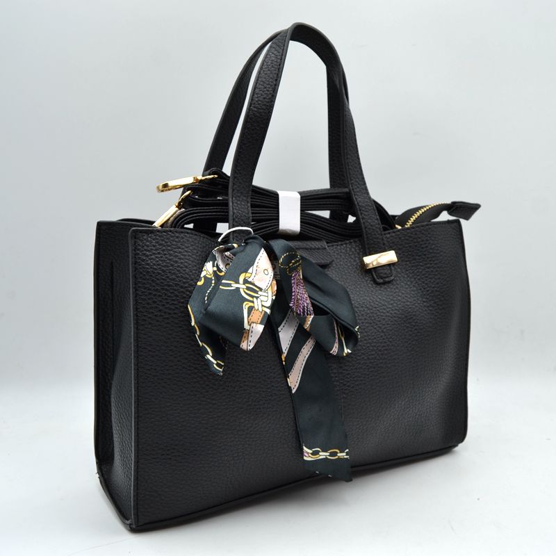 Pebbled Tote Bag with Dual Top Handles and Scarf Accent - Black - Tote Bag