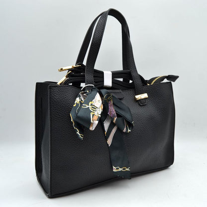 Pebbled Tote Bag with Dual Top Handles and Scarf Accent - Black - Tote Bag