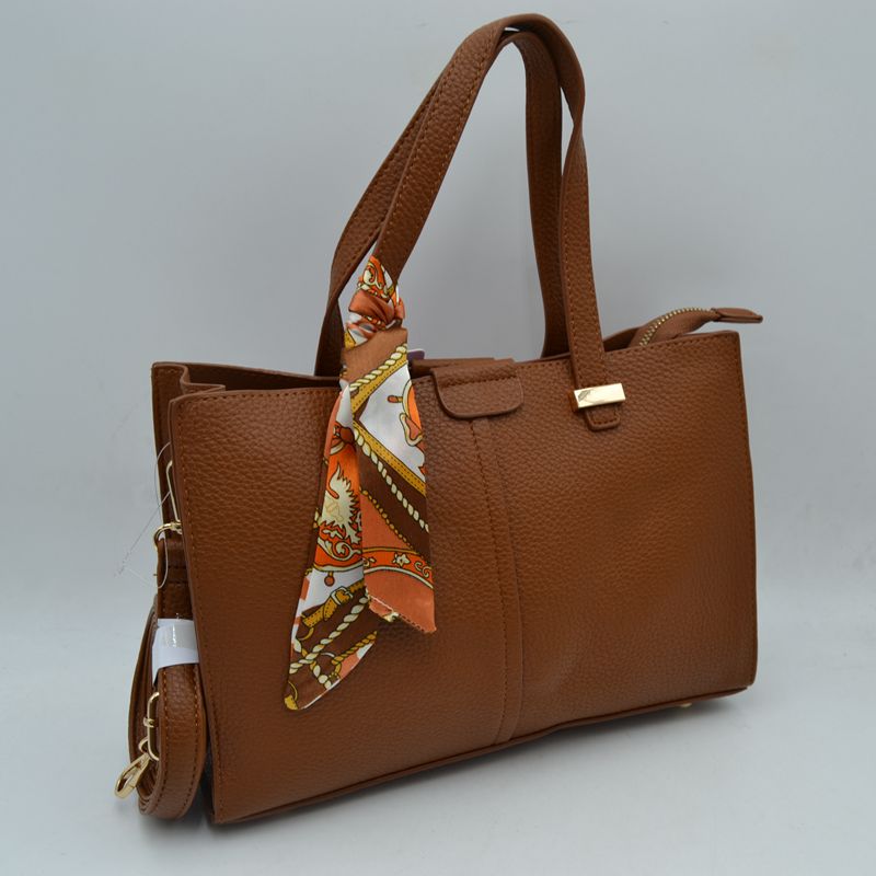 Pebbled Tote Bag with Dual Top Handles and Scarf Accent - Brown - Tote Bag